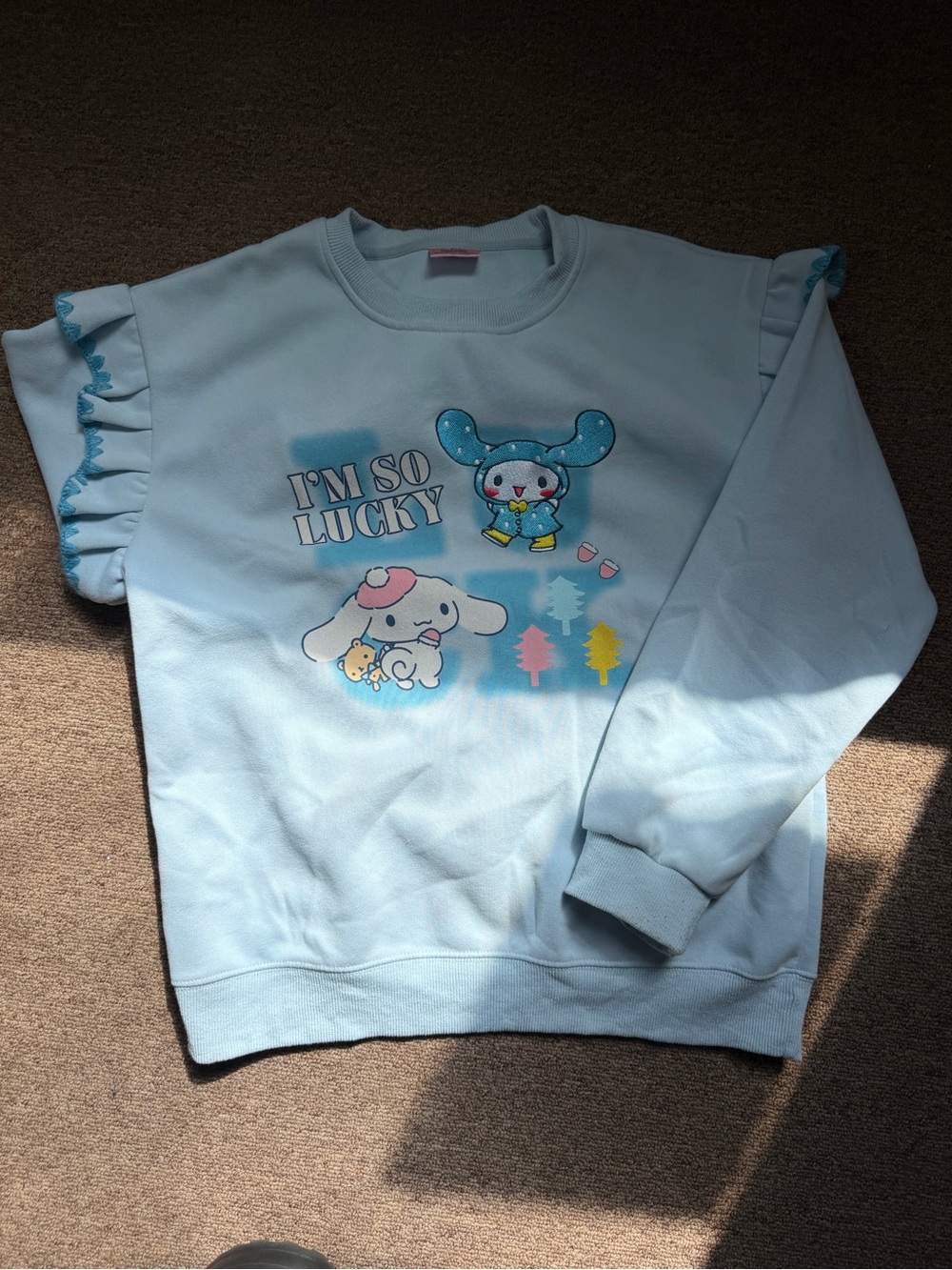 Light Blue "I'm So Lucky" Kids Sweatshirt with Cute Character Print
